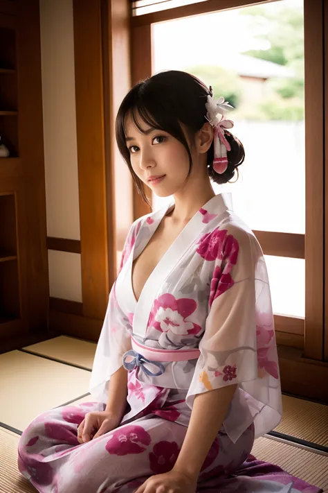 nsfw、a beautiful woman wearing a see-through yukata、a plain white yukata、pink obi、the yukata is still on.、you can see through yo...