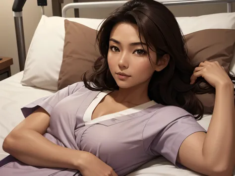 1woman, asian, dark brown hair, dark bronzed skin, large chest, 40 years old, (hospital gown), laying in hospital bed, (laying o...