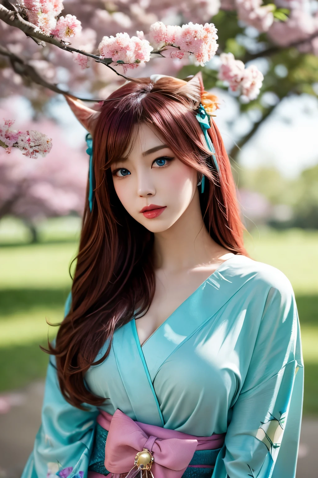 Ahri league of legends, ahri spiritual blossom, fully body, happy look, kimono, perfectbody, face detailed, high resolution, super detaill, 8k, Overview, with Japanese cherry trees 