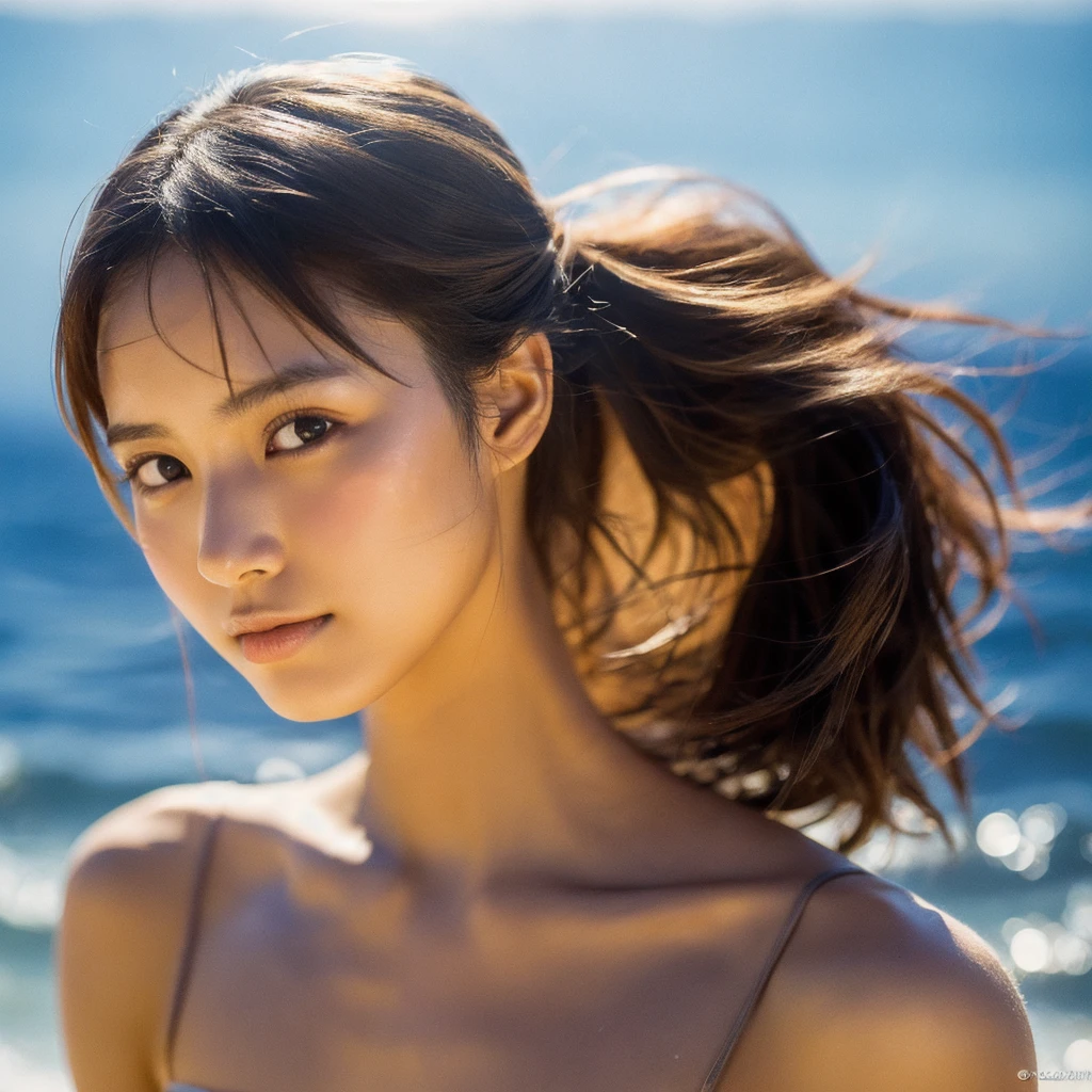 A hyper-realistic image of a single Japanese woman in her early 20s, captured with the nostalgic warmth and pronounced graininess of a film camera, showing her from the shoulders up as she stands on a sunlit beach. Her skin has a warm beige tone with a natural, visibly rough texture that includes pronounced pores, fine lines, and subtle imperfections such as small blemishes, slight unevenness, and a hint of sun exposure, contributing to the authenticity of her appearance. The texture of her skin is intentionally less smooth, with a tangible roughness that enhances the realism, making the surface appear slightly weathered by the elements. The soft, diffused natural light illuminates her face and shoulders with a gentle touch, casting shadows that subtly reveal the unevenness of her skin. Her straight, glossy black hair flows naturally in the ocean breeze, framing her face, and her deep brown eyes reflect the soft sunlight and the shimmering sea. The film camera effect amplifies the grain and texture, creating a warm, nostalgic atmosphere while maintaining the deliberately rougher, less polished texture of her skin. The composition, focused on her upper body, captures the serene elegance of the beach setting, highlighting the natural interaction of light and shadow on her skin. This combination of a rough, realistic skin texture, soft natural light, and the grainy film-like qualities ensures that the image presents an authentic, lifelike portrayal of the woman, centered on her face and shoulders.