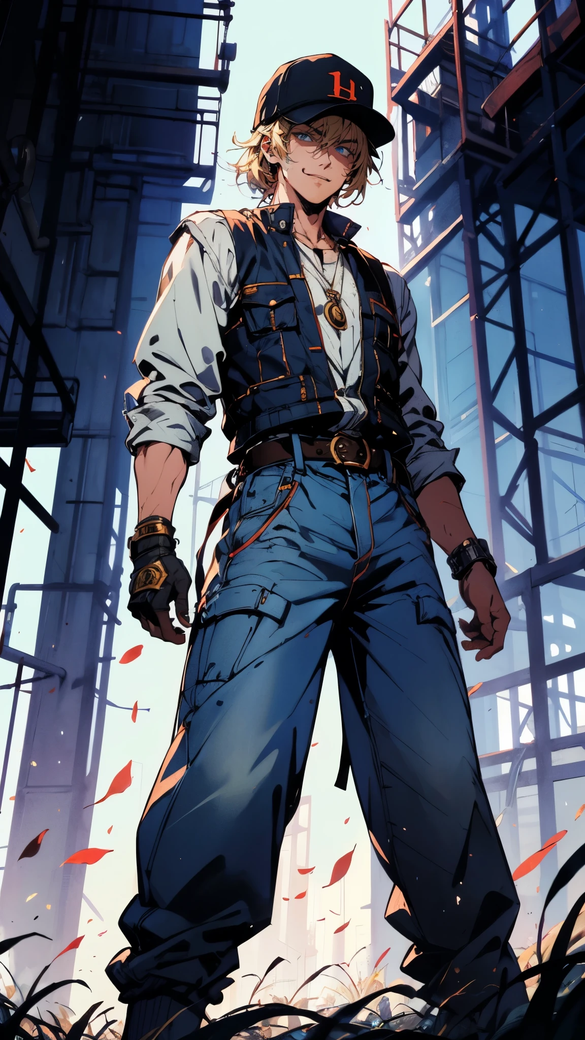 (masterpiece:1.2, best quality:1.2, extremely delicate:1.2), ((male:1.5)), a young man with blonde hair, wearing a red baseball cap backward, messy bangs windblown, a handsome face, a lazy gaze, a confident smile, a fantasy-realism style blue work vest jacket, a dark blue denim long robe underneath, featuring a long hem, a leather belt, loose coarse cloth trousers, strikes a kung fu pose in a horse stance, as fallen leaves are swept up by a whirlwind around him, this character embodies a finely crafted fantasy-realism style kung fu warrior in anime style, exquisite and mature manga art style, dramatic, high definition, highres, ultra-detailed, ultra-fine painting, professional, perfect body proportions, golden ratio, anatomically correct, symmetrical face, extremely detailed eyes and face, high quality eyes, creativity, RAW photo, UHD, 32k, Natural light, cinematic lighting, (masterpiece-anatomy-perfect:1.2)