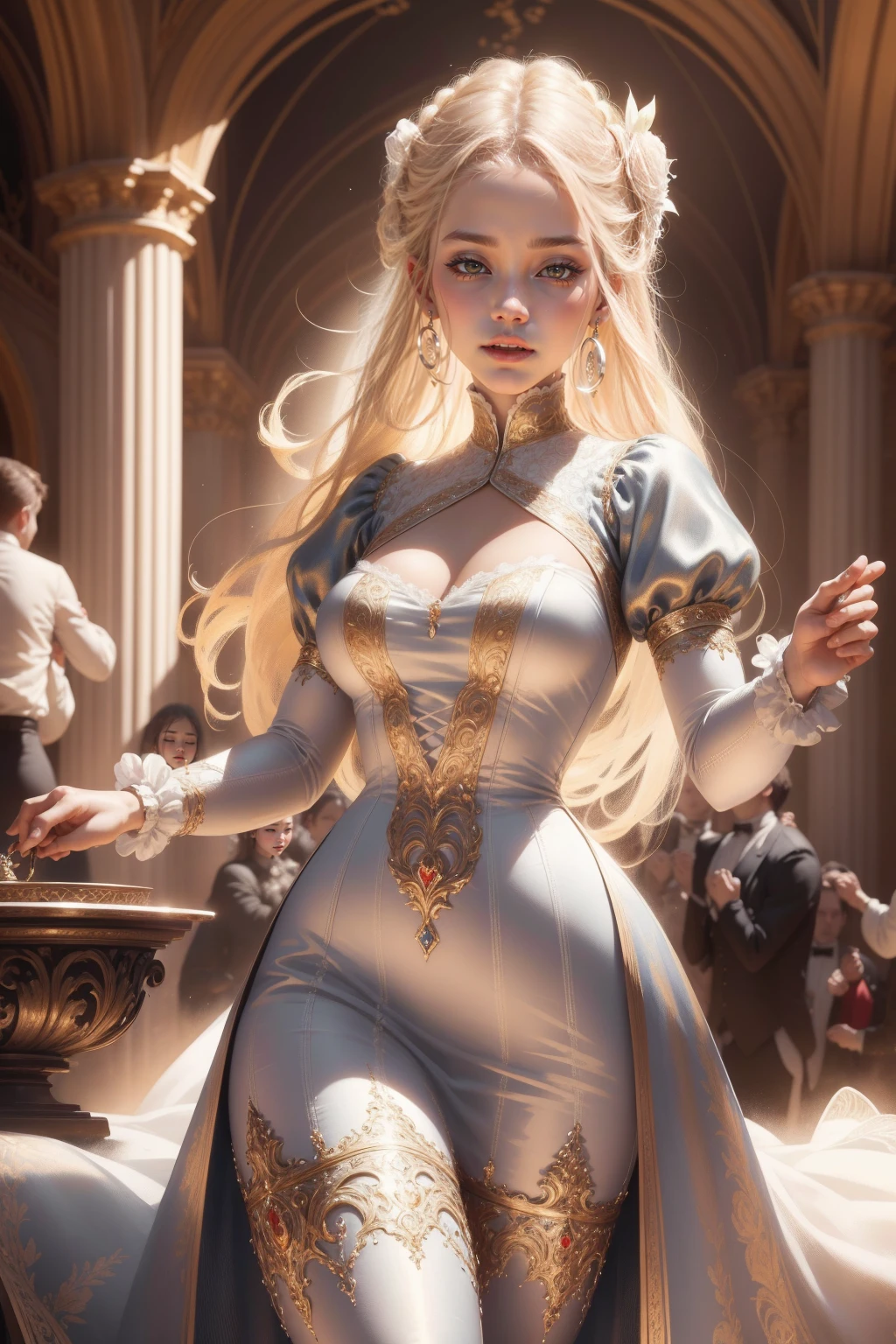 (Masterpiece - Ultra-detailed, very high resolution) Prepare to be enchanted by a true masterpiece that combines ultra-detailed art with high-resolution rendering. This work depicts a mesmerizing woman with very long blond hair (1.3) and captivating light blue eyes (1.2), emanating an aura of elegance and mystery in Victorian settings. The intricate details and realistic textures invite you to explore every aspect of this enchanting composition. Woman wearing beautiful classic Victorian costume from the year 1878. Red lips. Happy face. Smiling. (white dress). Dancing lightly, upper body, dynamic poses. Get ready to dive into a world where beauty and craftsmanship merge perfectly.