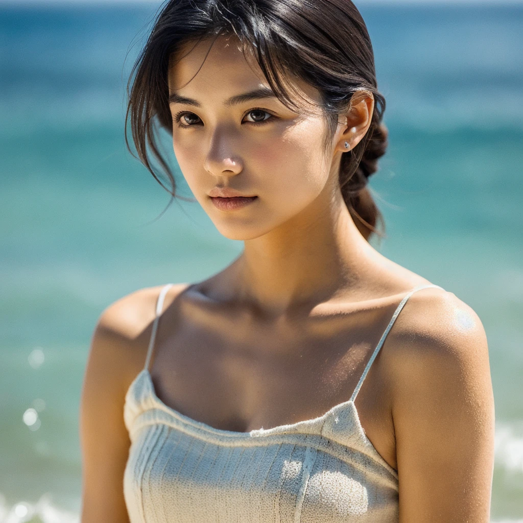 A hyper-realistic image of a single Japanese woman in her early 20s, captured with the nostalgic warmth and pronounced graininess of a film camera, showing her from the shoulders up as she stands on a sunlit beach. Her skin has a warm beige tone with a natural, visibly rough texture that includes pronounced pores, fine lines, and subtle imperfections such as small blemishes, slight unevenness, and a hint of sun exposure, contributing to the authenticity of her appearance. The texture of her skin is intentionally less smooth, with a tangible roughness that enhances the realism, making the surface appear slightly weathered by the elements. The soft, diffused natural light illuminates her face and shoulders with a gentle touch, casting shadows that subtly reveal the unevenness of her skin. Her straight, glossy black hair flows naturally in the ocean breeze, framing her face, and her deep brown eyes reflect the soft sunlight and the shimmering sea. The film camera effect amplifies the grain and texture, creating a warm, nostalgic atmosphere while maintaining the deliberately rougher, less polished texture of her skin. The composition, focused on her upper body, captures the serene elegance of the beach setting, highlighting the natural interaction of light and shadow on her skin. This combination of a rough, realistic skin texture, soft natural light, and the grainy film-like qualities ensures that the image presents an authentic, lifelike portrayal of the woman, centered on her face and shoulders.