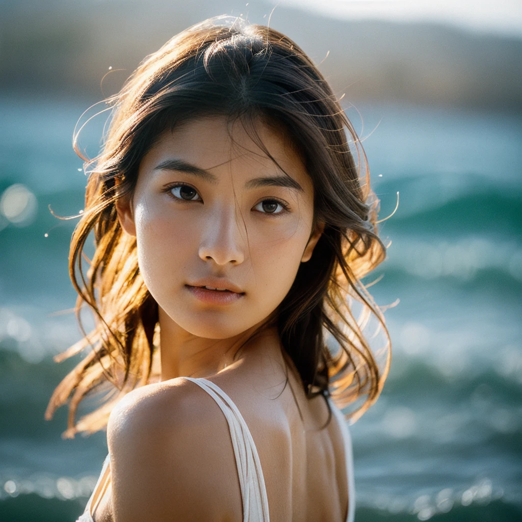 A hyper-realistic image of a single Japanese woman in her early 20s, captured with the nostalgic warmth and pronounced graininess of a film camera, showing her from the shoulders up as she stands on a sunlit beach. Her skin has a warm beige tone with a natural, visibly rough texture that includes pronounced pores, fine lines, and subtle imperfections such as small blemishes, slight unevenness, and a hint of sun exposure, contributing to the authenticity of her appearance. The texture of her skin is intentionally less smooth, with a tangible roughness that enhances the realism, making the surface appear slightly weathered by the elements. The soft, diffused natural light illuminates her face and shoulders with a gentle touch, casting shadows that subtly reveal the unevenness of her skin. Her straight, glossy black hair flows naturally in the ocean breeze, framing her face, and her deep brown eyes reflect the soft sunlight and the shimmering sea. The film camera effect amplifies the grain and texture, creating a warm, nostalgic atmosphere while maintaining the deliberately rougher, less polished texture of her skin. The composition, focused on her upper body, captures the serene elegance of the beach setting, highlighting the natural interaction of light and shadow on her skin. This combination of a rough, realistic skin texture, soft natural light, and the grainy film-like qualities ensures that the image presents an authentic, lifelike portrayal of the woman, centered on her face and shoulders.