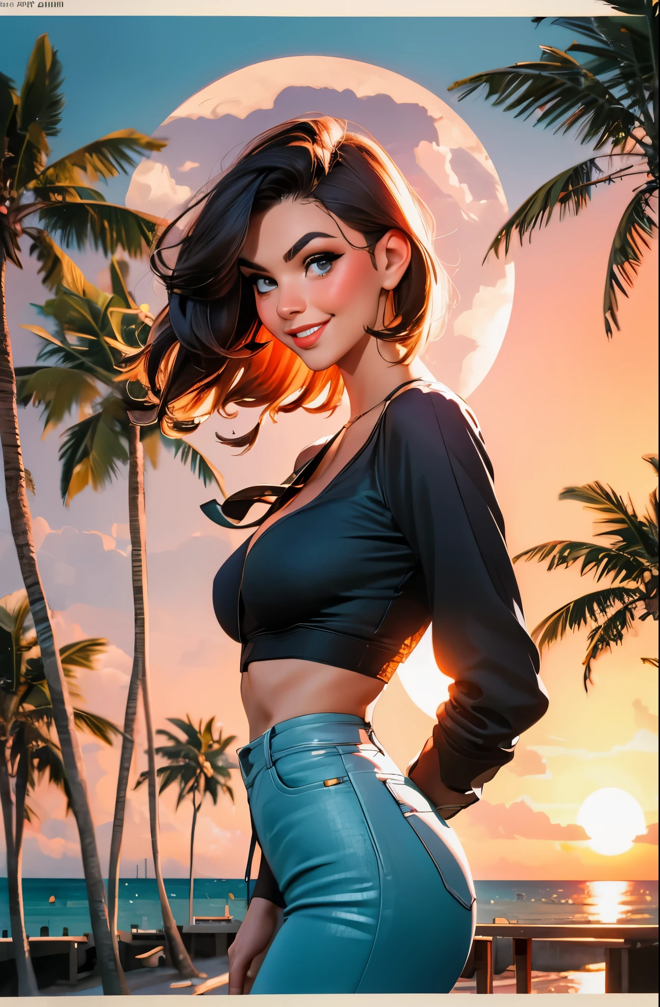 retro girl, Miami, sunset, Ferrari, palm tree, 90's, smirk smile