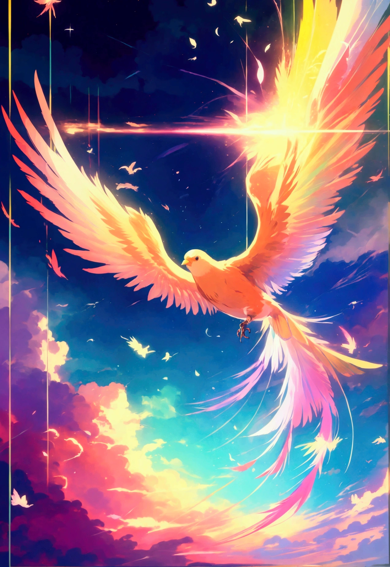 
anime、デジタルanimeアート、Flat Design,(masterpiece:1.2)、high quality、High resolution、Very detailed、(Amazingly absurd:1.2)、break,Bird with rainbow feathers、Colorful background、Beautiful light effect、Wonderful landscape