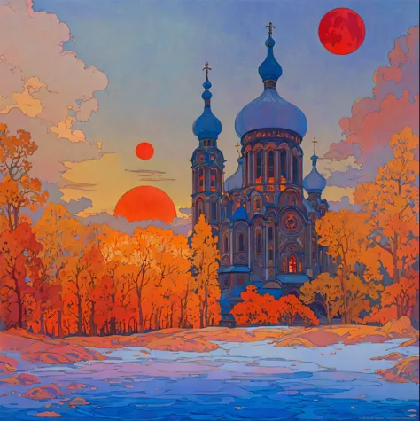 a painting of a church，there is a red moon in the sky, ivan bilibin (ivan bilibin) of inspiration, slav epic, inspired by igor g...