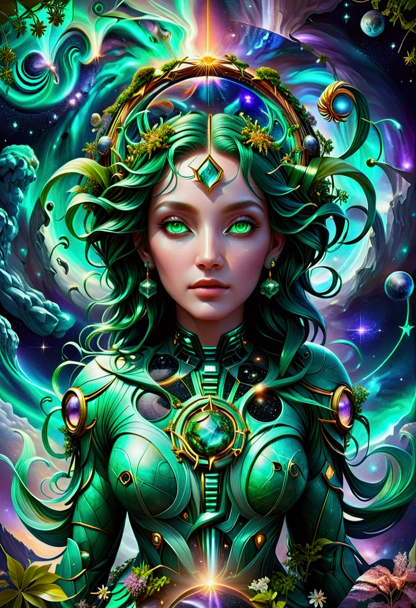 A detailed digital illustration, intertwining cosmic nebulae in the shape of the zodiac signs, Gemini Zodiac, Emerald green, fantastical imagery, tarot cards wild and imaginative, into the void, enter the void