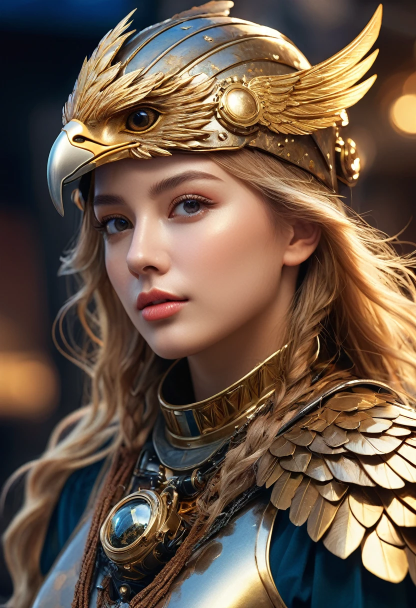 a beautiful young woman, 1girl, detailed face, long eyelashes, golden hair, detailed eyes, detailed lips, exquisite mechanical wings, shiny armor, eagle helmet, scarf, paper cut art, global earth, water, fire, wind, space, (best quality,4k,8k,highres,masterpiece:1.2),ultra-detailed,(realistic,photorealistic,photo-realistic:1.37),HDR,UHD,studio lighting,ultra-fine painting,sharp focus,physically-based rendering,extreme detail description,professional,vivid colors,bokeh,concept art