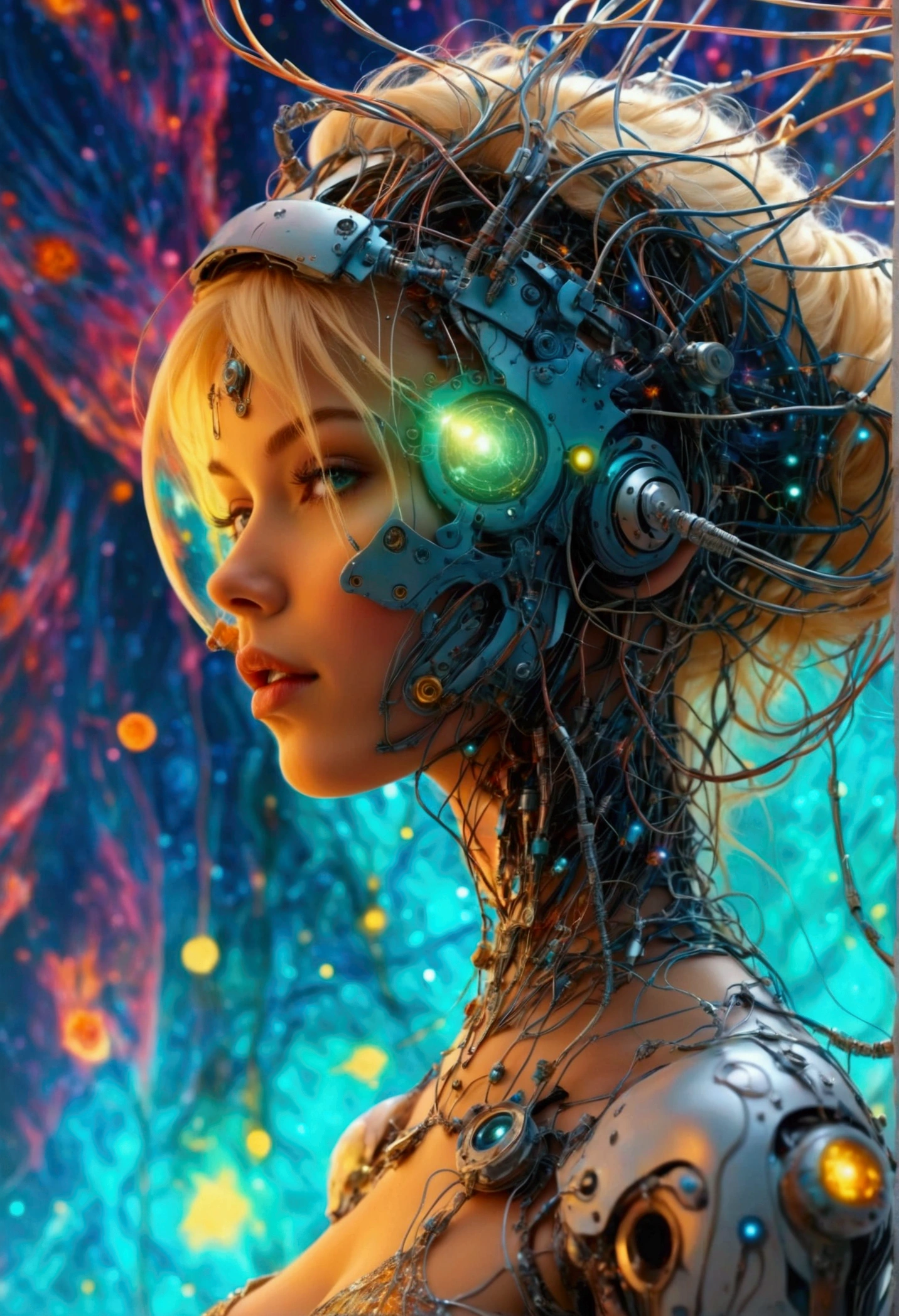 a fullbody of a woman with a head full of wires, karol bak uhd, beautiful digital artwork, blonde girl in a cosmic dress, 4k highly detailed digital art, digital art fantasy, digital art fantasy art, gorgeous digital art, digital fantasy art ), detailed fantasy digital art, digital fantasy art, beautiful sci fi art, cyborg goddess in cosmos