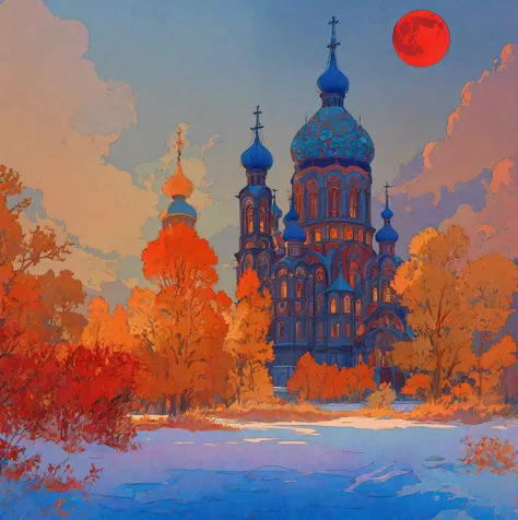 a dramatic orthodox church against a night sky with a large red moon, inspired by the slavic epic illustrations of ivan bilibin,...