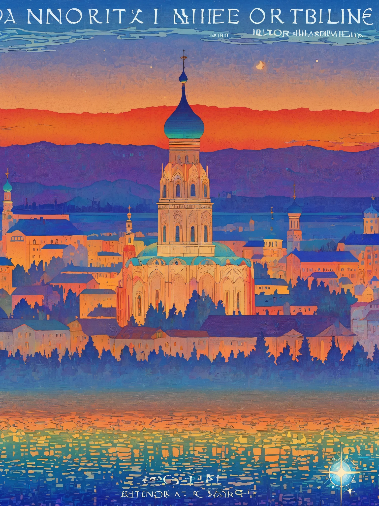 Close-up of a poster，Buildings in the background, A starlit city at sunset, Ivan Bilibin (Ivan Bilibin) of inspiration, Grainy Risograph Matte, Sacred City | illustration, inspired author：Igor Grabar, slav epic, Magical Soviet town, author：Igor Grabar, 受到瓦西里·马克西莫夫of inspiration, Andrei Ryakin (Andrei Ryabushkin) of inspiration