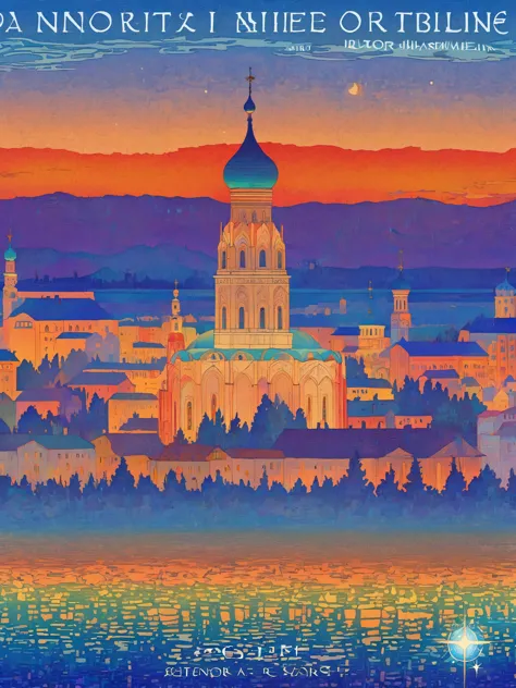 close-up of a poster，buildings in the background, a starlit city at sunset, ivan bilibin (ivan bilibin) of inspiration, grainy r...