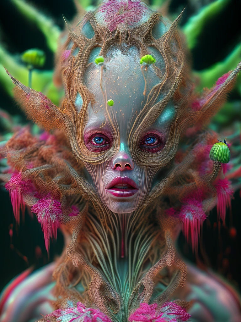 A highly detailed, hyper-realistic macro photograph of an horrible alien creature from space, terraforming and surrounded by alien flora, in the style of Miki Asai, with a sharp focus, studio lighting, intricate details, incorporating hot pink and neon green, trending on Artstation, by Greg Rutkowski, with a detailed, lifelike face, detailed skin, full focus, attention to detail, intricate, moist and alive-looking full form, masterpiece, blood dripping from eyes and mouth, Realistic Cinematic Portrait, cinematic photography, intricate, Ultra HD, full focus, attention to detail, octane rendering, trending on art station, highest level of quality, masterpiece+