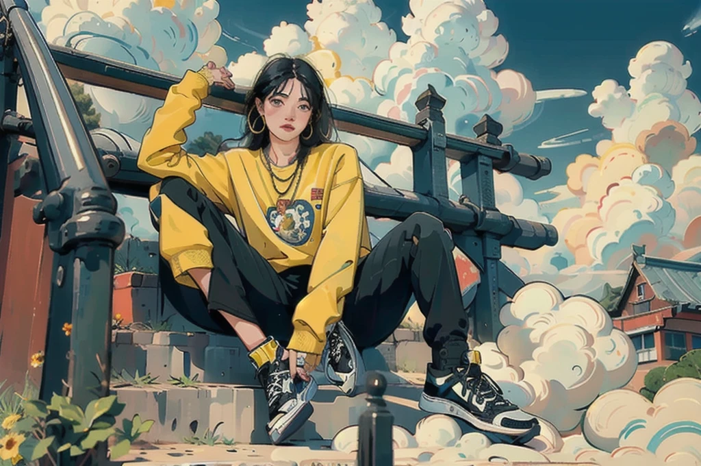 ((Masterpiece)), best quality, perfect anatomy, 8K wallpaper, mChinaChic, 1girl, solo, black shoes, black hair, yellow print shirt, long hair, necklace, , clouds, looking at viewer, long sleeves, on street, sitting on stairs, hoop earrings, wide shot, ring,