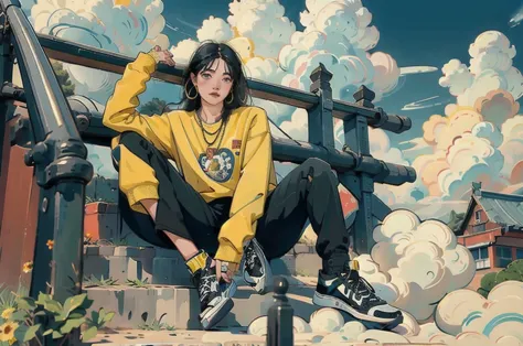 ((masterpiece)), best quality, perfect anatomy, 8k wallpaper, mchinachic, 1girl, solo, black shoes, black hair, yellow print shi...