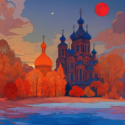 a dramatic orthodox church against a night sky with a large red moon, inspired by the slavic epic illustrations of ivan bilibin,...