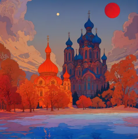 a dramatic orthodox church against a night sky with a large red moon, inspired by the slavic epic illustrations of ivan bilibin,...