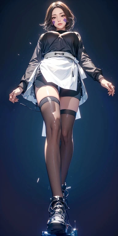 （（（完美number，number，solitary， White and tender skin，（（（Cyberpunk，Black shirt，Cycling shorts，Long sleeve，waistline，Closed-toe shoes，Black over-the-knee stockings））），（（（To Tsunade,short hair，Brown hair，Facial Tagging，Brown eyepiece)),high resolution, ((Best quality at best))，masterpiece，quality，Best quality，（（（ Exquisite facial features，Looking at the audience,There is light in the eyes，(（（Smile，confidence））），型number:1.7））），（（（Light and Shadow，Huge breasts））），（（（Looking at the camera，black background，From below,whole body,Fisheye lens,Walk)）））