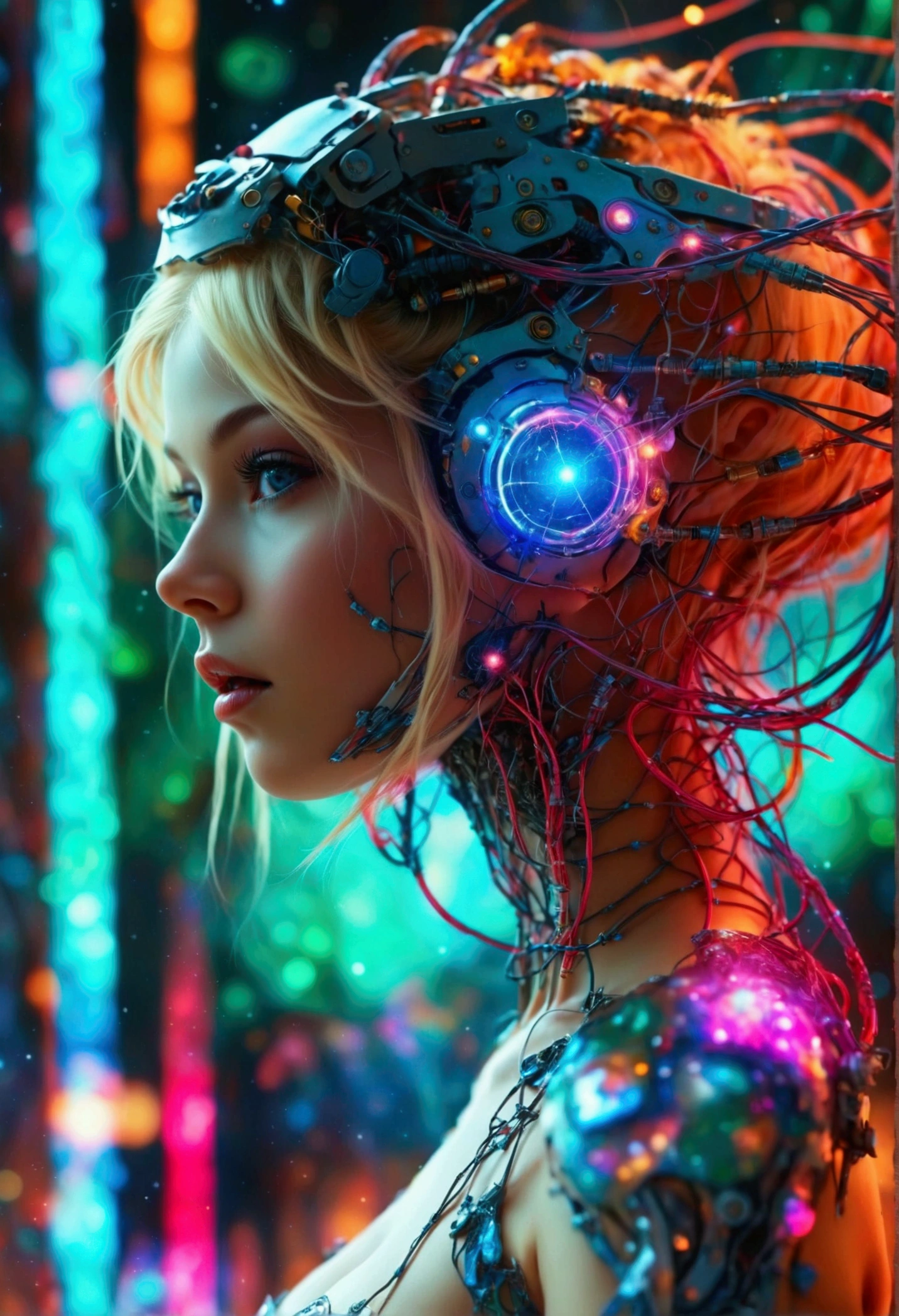 a fullbody of a woman with a head full of wires, karol bak uhd, beautiful digital artwork, blonde girl in a cosmic dress and high heels, 8k highly detailed digital art, digital art fantasy, digital art fantasy art, gorgeous digital art, digital fantasy art ), detailed fantasy digital art, digital fantasy art, beautiful sci fi art, cyborg goddess in cosmos