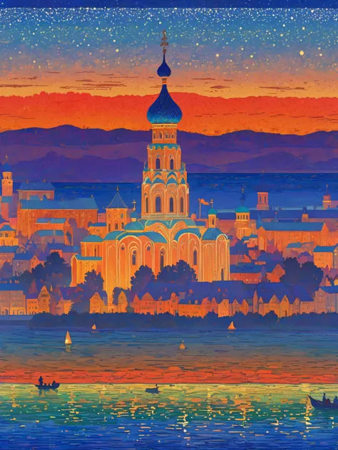 close-up of a poster，buildings in the background, a starlit city at sunset, ivan bilibin (ivan bilibin) of inspiration, grainy r...