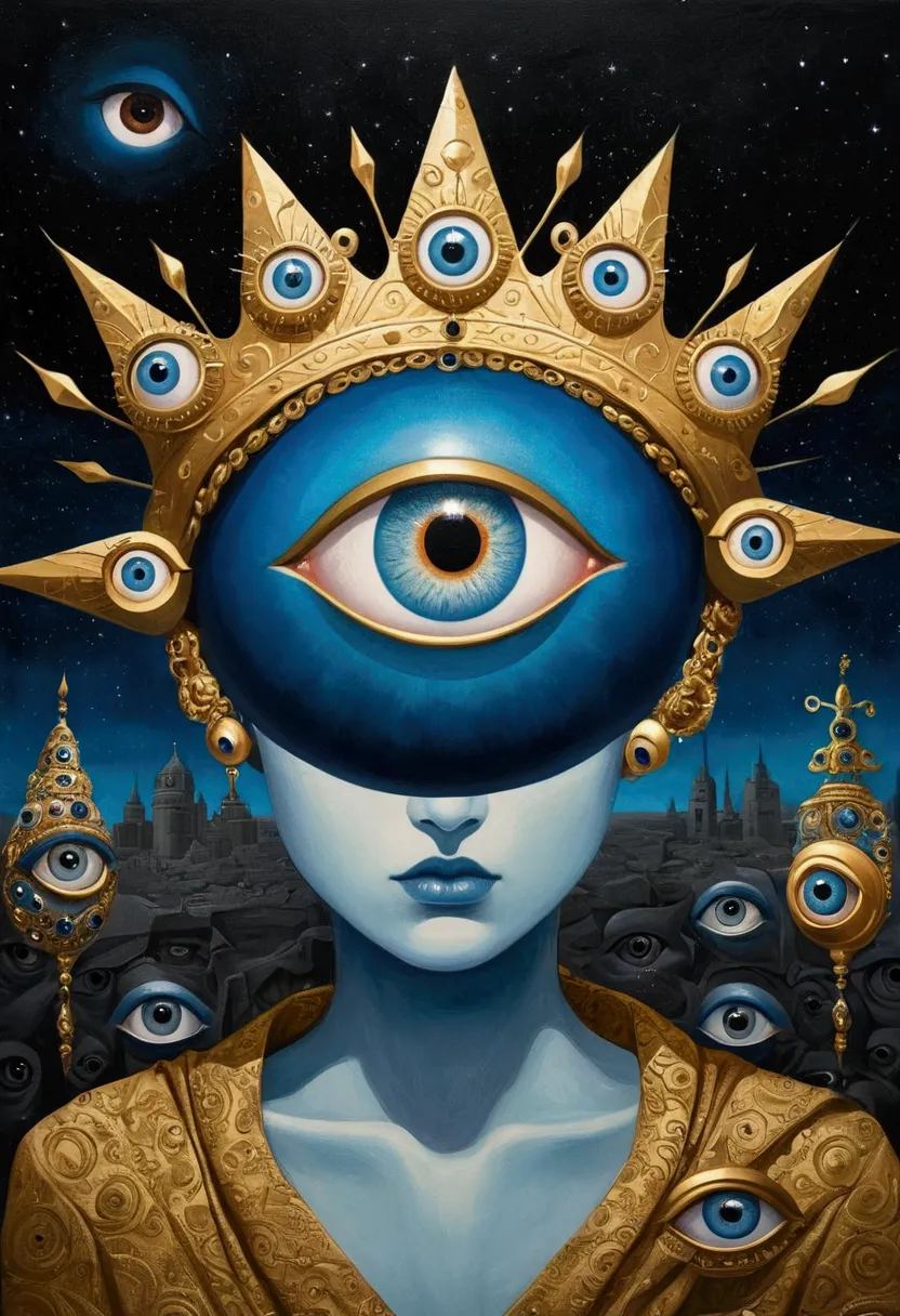 there is a blue eye in the painting，wearing a golden crown, andrei korkutin (andrei kolkoutine) surrealism, winner of the behanc...