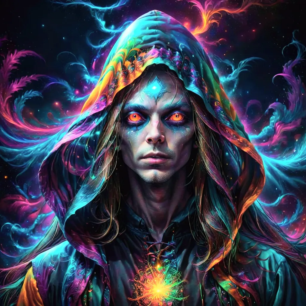 a close up of a person with a long hair and a hood on, conjuring psychedelic background, scary color art in 4 k, psychedelic dig...