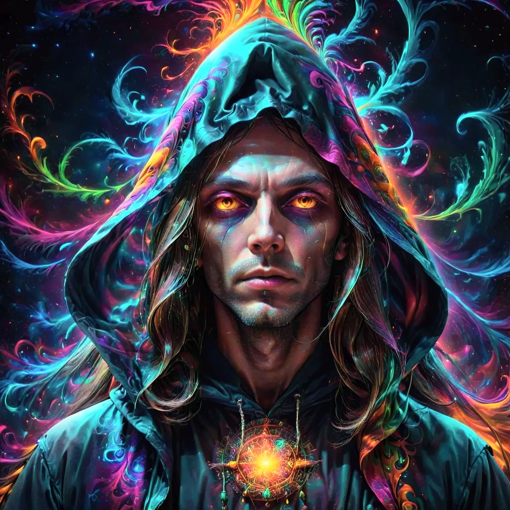 a close up of a person with a long hair and a hood on, conjuring psychedelic background, scary color art in 4 k, psychedelic dig...