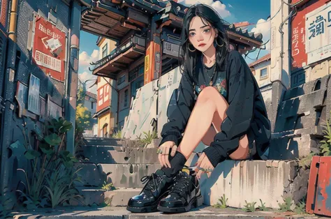 ((masterpiece)), best quality, perfect anatomy, 8k wallpaper, 1girl, solo, black shoes, black hair, printed shirt, long hair, ne...