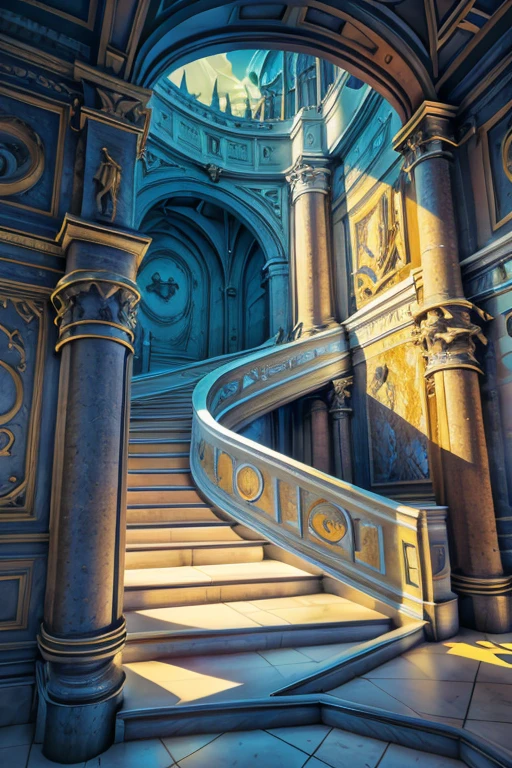  ( Surrealism ) a Surreal scene involving stairs that form impossible angles, confusing chaos, so many stairs, stairs on the wall, stairs on the ceiling, stairs in higher dimensions, non euclidean geometry, photorealistic, 8k, hyper detailed, dramatic lighting, surreal and abstract, 