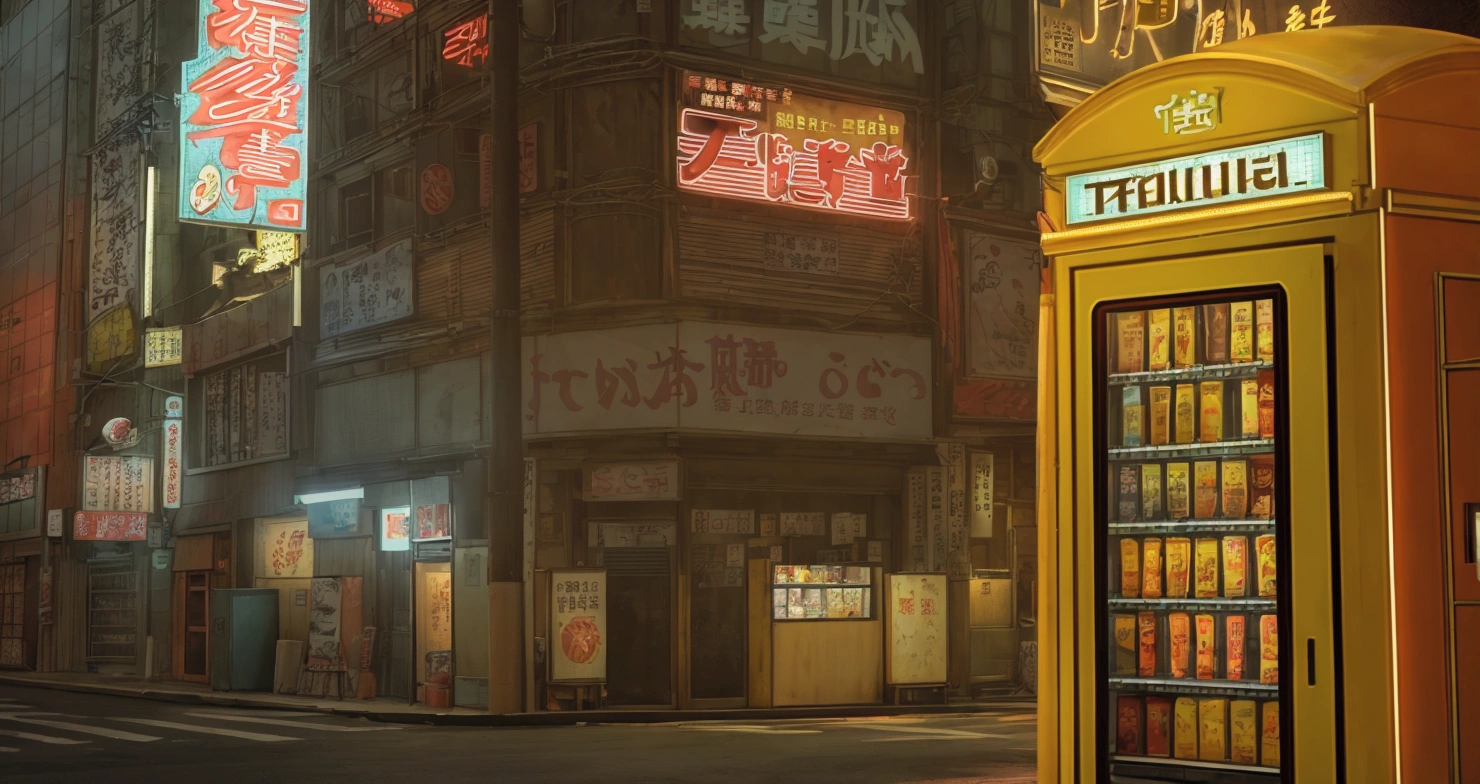 夜晚的京东street，Small shop signboard，Electric pole，Old building，Old signboard，Vertical Sign，street，There are vending machines on the street，Door，New Tokyo Background, Real texture，ue5 render，3D Rendering，Signage