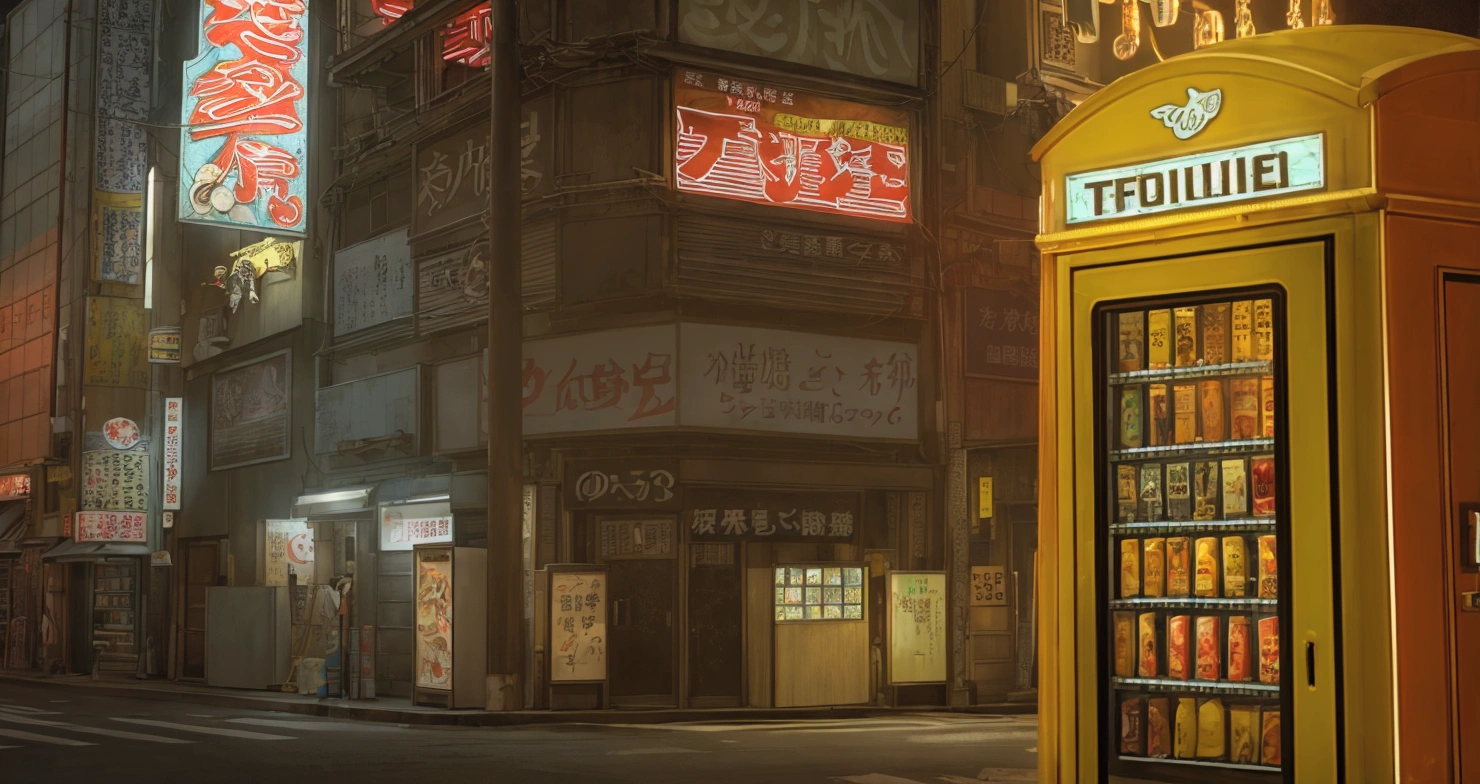 夜晚的京东street，Small shop signboard，Electric pole，Old building，Old signboard，Vertical Sign，street，There are vending machines on the street，Door，New Tokyo Background, Real texture，ue5 render，3D Rendering，Signage