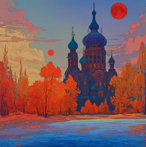 cathedral, red moon in sky, inspired by ivan bilibin, slavic epic, inspired by igor grabar, saint basil's cathedral, inspired by...