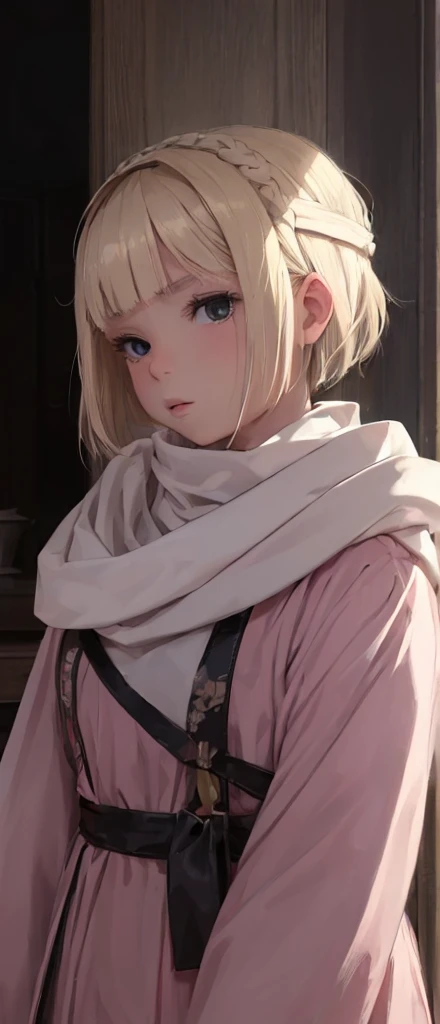 ((((child)))) masterpiece), best quality, high resolution blonde 1child bob cut medium hair standing alone cowl headband profile image looking at viewer beautiful eyes beautiful face extremely detailed pink clothing child