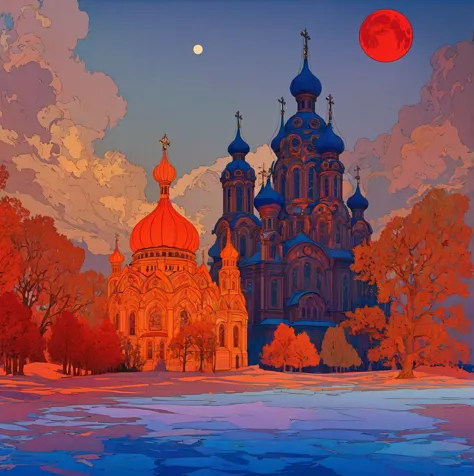 a dramatic orthodox church against a night sky with a large red moon, inspired by the slavic epic illustrations of ivan bilibin,...