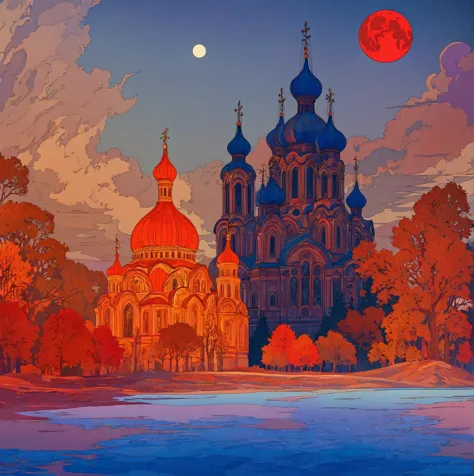 a dramatic orthodox church against a night sky with a large red moon, inspired by the slavic epic illustrations of ivan bilibin,...