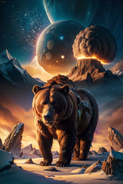  ( Surrealism ) a Surreal scene involving a mythical brown bear with George Washington and melting clocks, nuclear explosion, nucleaur winter, prowling confusing chaos, ethereal and divine, photorealistic, 8k, hyper detailed, dramatic lighting, vibrant colors, surreal and abstract, 