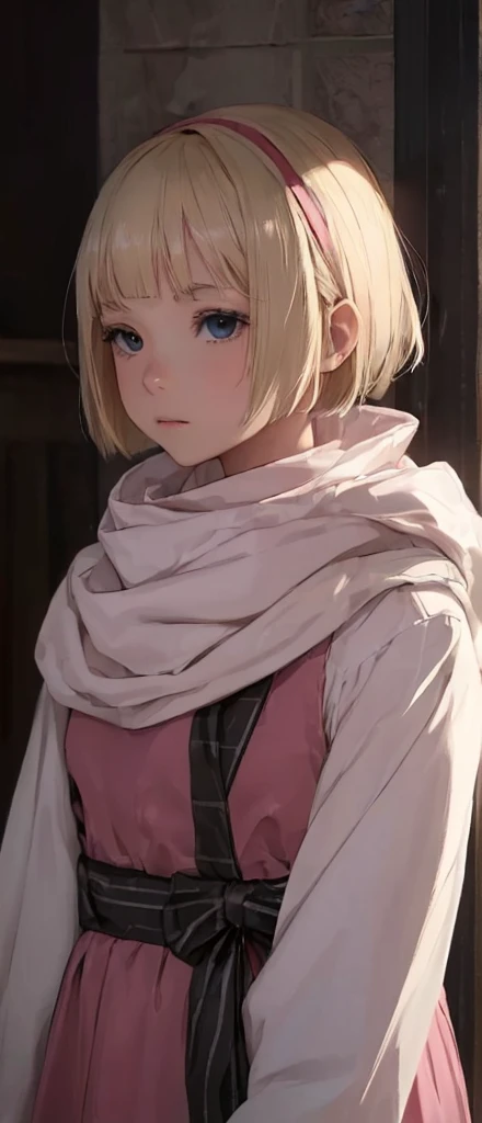 ((((child)))) masterpiece), best quality, high resolution blonde 1child bob cut medium hair standing alone cowl headband profile image looking at viewer beautiful eyes beautiful face extremely detailed pink clothing child