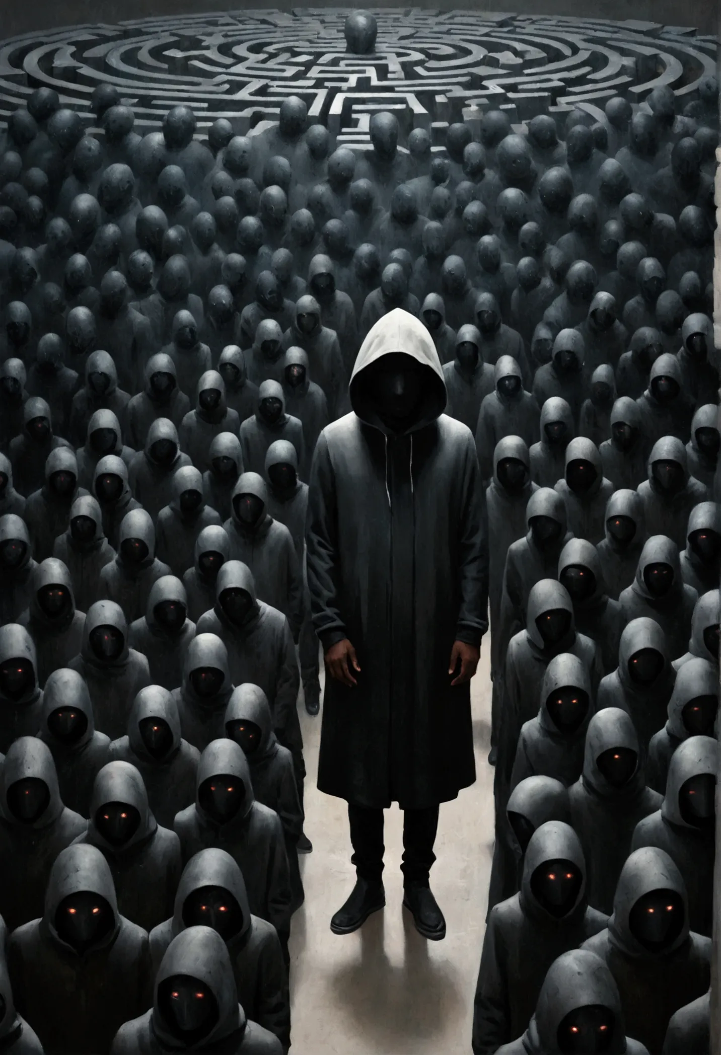 many black people standing in concrete maze, faceless man像, a swarm of robots, faceless man dark, faceless man, alessio albi, ho...