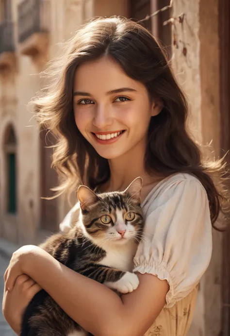 a beautiful girl in 1930s spain, holding a cat, candid moment of joy in daily life, war-torn surroundings, (best quality,4k,8k,h...