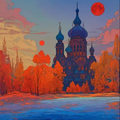 cathedral, red moon in sky, inspired by ivan bilibin, slavic epic, inspired by igor grabar, saint basil's cathedral, inspired by...