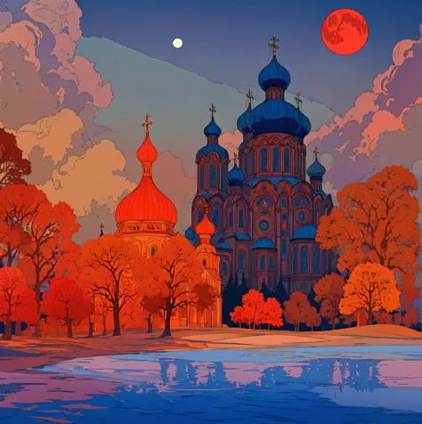 a dramatic orthodox church against a night sky with a large red moon, inspired by the slavic epic illustrations of ivan bilibin,...