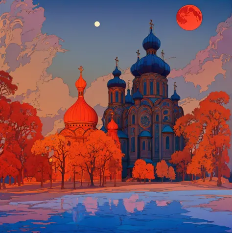 a dramatic orthodox church against a night sky with a large red moon, inspired by the slavic epic illustrations of ivan bilibin,...