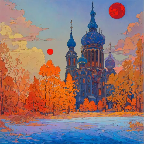 a painting of a church，there is a red moon in the sky, ivan bilibin (ivan bilibin) of inspiration, slav epic, inspired by igor g...