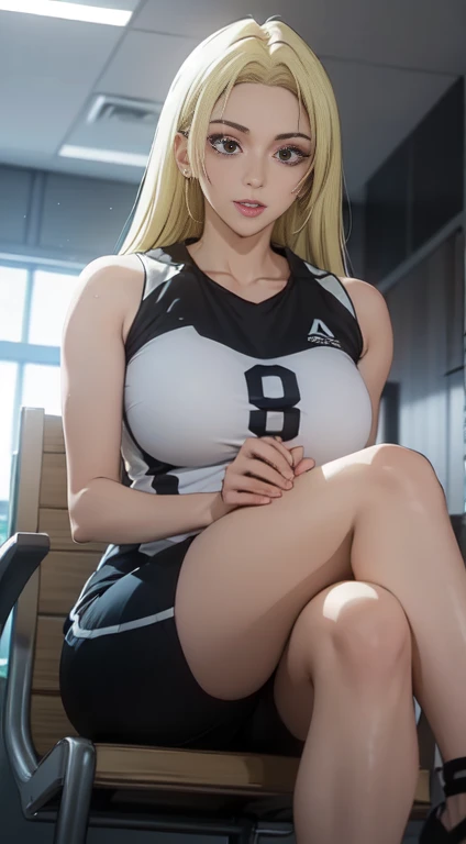 ((masterpiece, Best Quality, high resolution, Perfect Pixel, 8K))), 1 girl、slim thighs、full body seen、 ((Bangs、gorgeous blonde hairs、Long beautiful blonde hairs))、((Gorgeous black eyes、Beautiful eyelashes、Realistic eyes))、 ((Detailed face, Blushing:1.2))、((Smooth texture:0.75, Realistic texture:0.65, Photorealistic:1.1, Anime CG style))、Dynamic Angle、Perfect body、(Women Sports shorts、perfectly insanely detailed eyes、Background volleyball court、Volleyball uniform)、Perfect realistic representation of face、ultra realistic eyes、ultra insanely detailed eyes、(no-bra)、(sitting on a chair、legs crossed、beautifully crossed legs、perfectly crossed legs)、(beautiful portrait、very High quality、legs sweaty、ultra high definition、 insanely detailed face、ultra high quality、ultra high clarity、best quality)、insanely detailed dress、looking somewhere、realistic representation of a face、curvy body、sandals、white skin、Waving her hairs、sweaty uniform、glistening sweaty body、best image quality、best clarity、 highest resolution、8k resolution、ultra high resolution、beautiful smile、beautiful eyelashes、beautiful face、gorgeous representation of a face、curvy body、perfect body、full body posture、erect through、erotic face、glistening sweat、dynamic lightning、perfect body、dynamic lightning、 (innocent_big_eyes:1.0)、Bright_Front_face_Lighting、seen from front、shiny skin、bokeh:1.2、Full body shot、professional photograph、(Beautiful,large_Breasts:1.4)