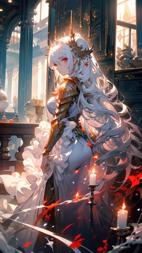 ((masterpiece, best quality)), epic battlefield atmosphere，flame，delicate face，depicts a beautiful knight with long hair, flowin...