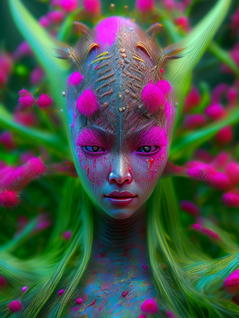 A highly detailed, hyper-realistic macro photograph of an horrible alien creature from space, terraforming and surrounded by alien flora, in the style of Miki Asai, with a sharp focus, studio lighting, intricate details, incorporating hot pink and neon green, trending on Artstation, by Greg Rutkowski, with a detailed, lifelike face, detailed skin, full focus, attention to detail, intricate, moist and alive-looking full form, masterpiece, blood dripping from eyes and mouth, Realistic Cinematic Portrait, cinematic photography, intricate, Ultra HD, full focus, attention to detail, octane rendering, trending on art station, highest level of quality, masterpiece+