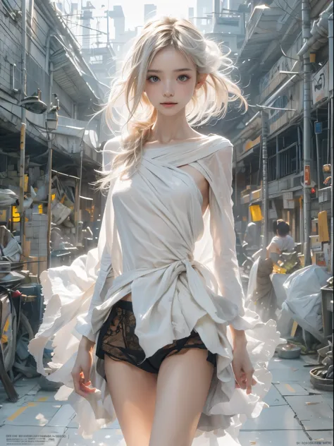 (white color concept:1.0), a girl like doll, nearly naked, thin body, skinny, small breasts, flat chest, walking on runway,catwa...