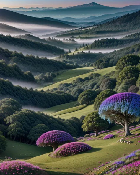 a surreal fantasy landscape, lush rolling hills, vibrant colorful flowers, mystical glowing mushrooms, ethereal mist, dreamlike ...