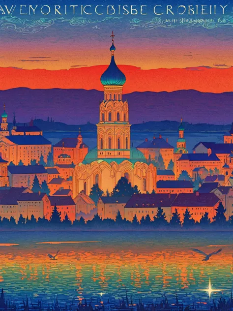 close-up of a poster，buildings in the background, a starlit city at sunset, ivan bilibin (ivan bilibin) of inspiration, grainy r...